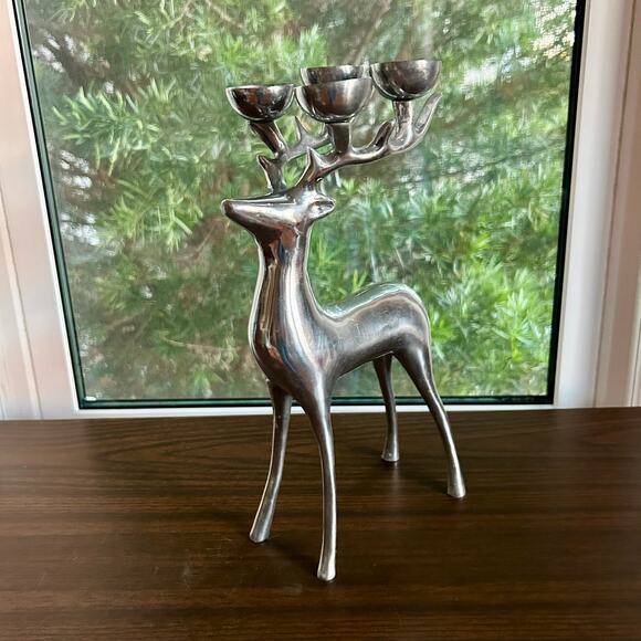 Silver Reindeer Candelabra, Aluminum Deer Candle Holder Holiday Centerpiece - Picture 9 of 11